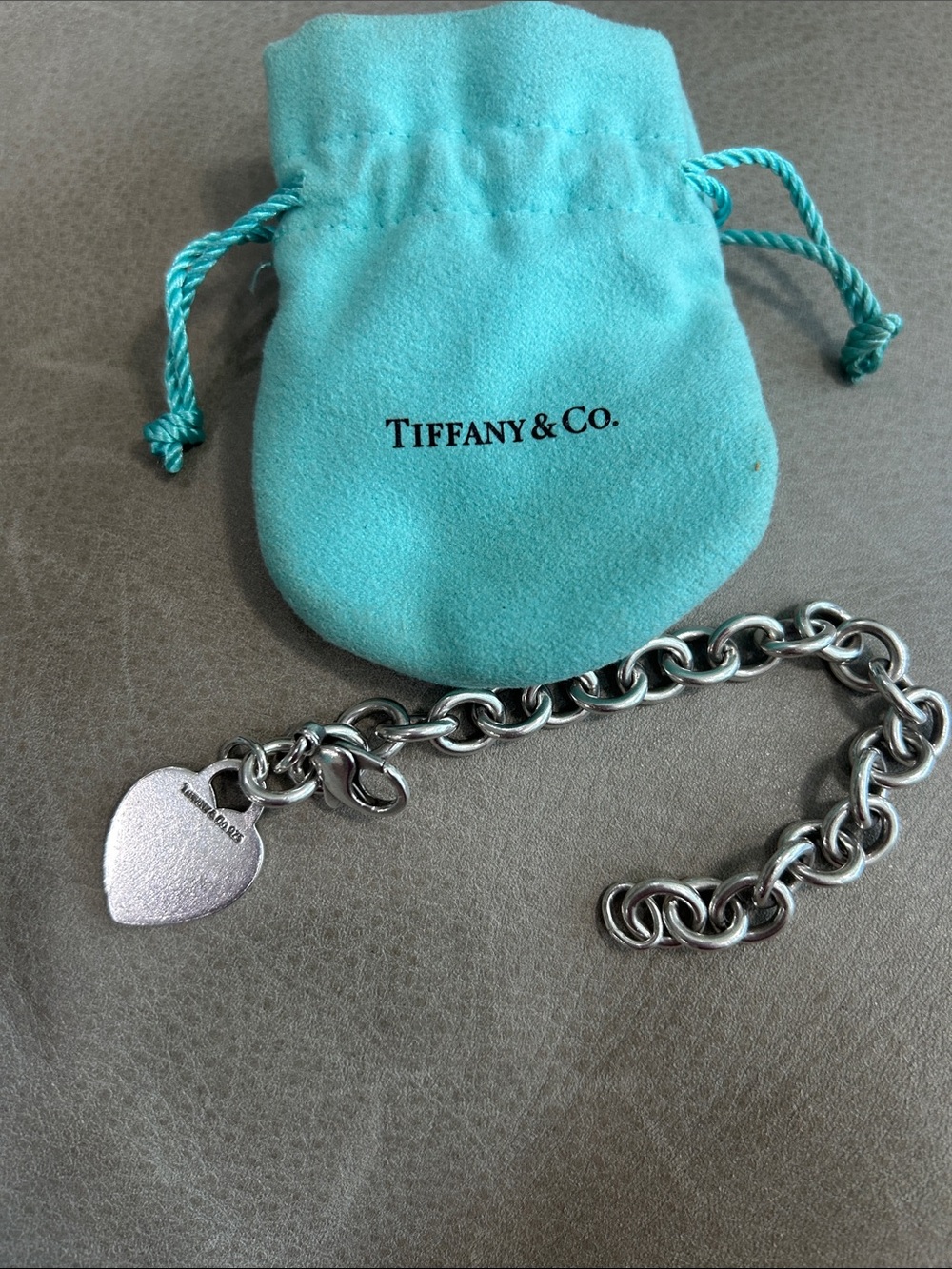 Tiffany & Co. Silver Link Bracelet with Heart Tag and Blue Pouch